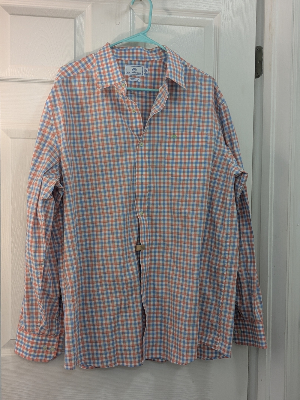 Southern Tide Orange and Light Blue Check Button-Down Shirt